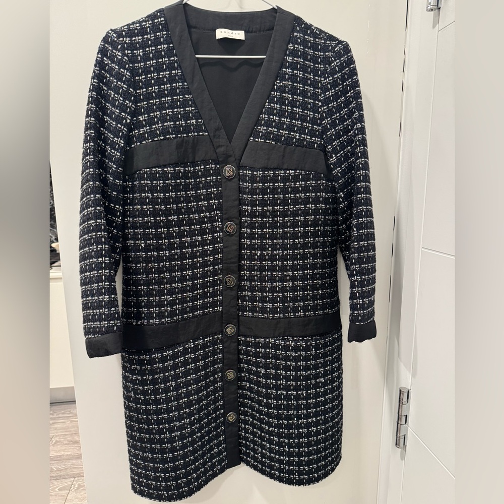 Sandro Chic Black and White Tweed Coat